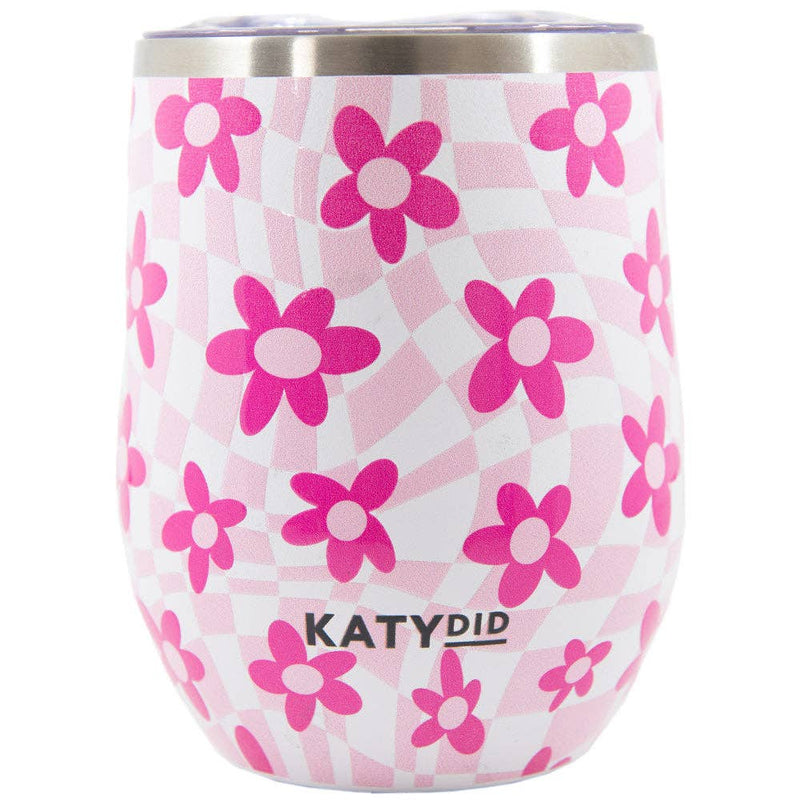 Pink Flower w/ Groovy Checkered WINE TUMBLER Cup: Light Pink