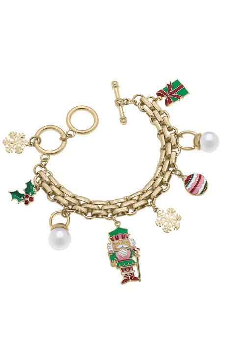 Naughty Nutcracker Enamel Charm Bracelet in Pink & Green