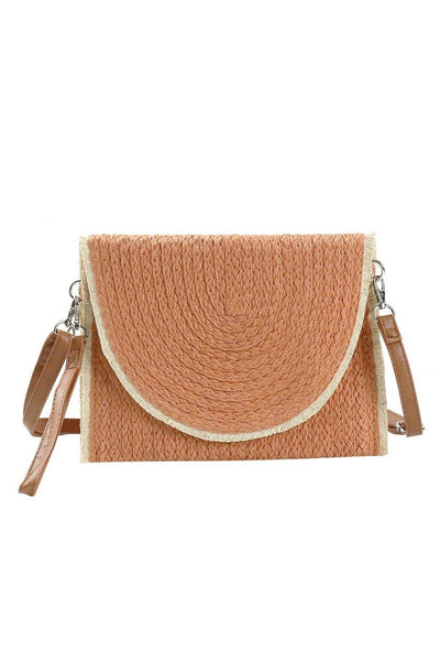 Frayed Trim Straw Crossbody/Clutch: Olive