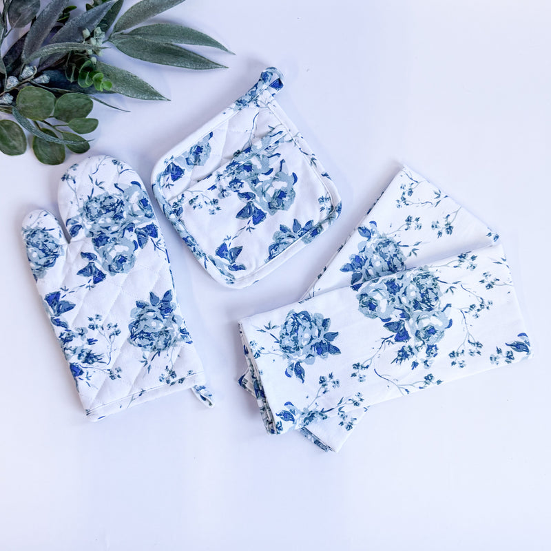 Blue Rose Oven Mitt Set