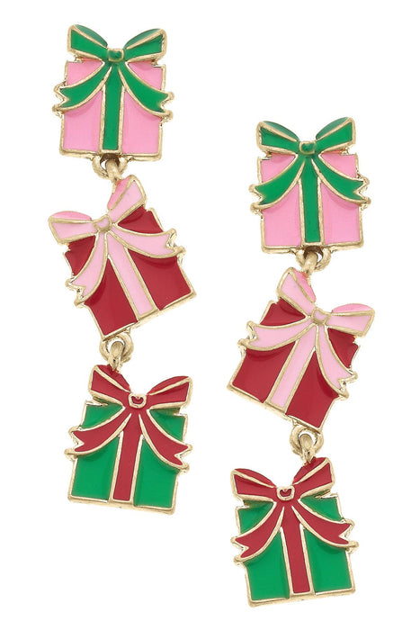 Tis' The Season Enamel Present Earrings in Pink/Green/Red