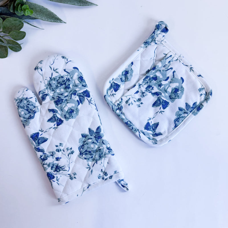 Blue Rose Oven Mitt Set