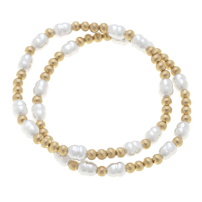 Morgan Ball Bead & Pearl Stretch Bracelets (Set of 2): Satin Silver