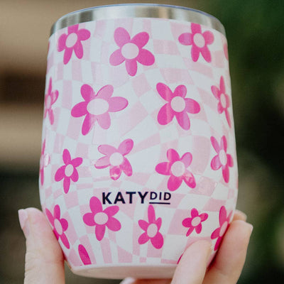 Pink Flower w/ Groovy Checkered WINE TUMBLER Cup: Light Pink