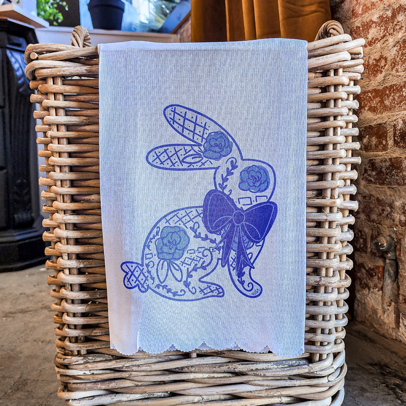 Blue Bunny Scalloped Tea Towel