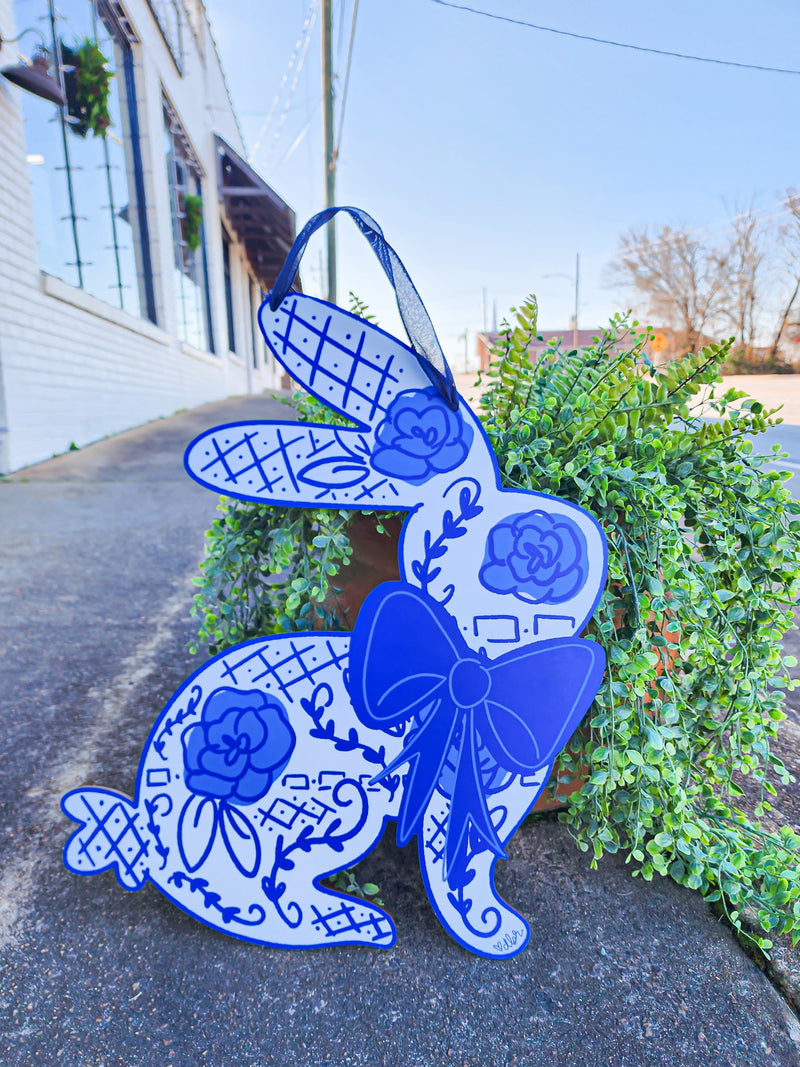 Blue Bunny Bow Doorhanger