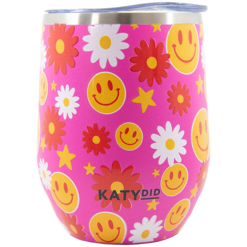 Red Flower Happy Face 12 Oz WINE TUMBLER With Lid: Hot Pink