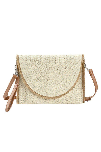 Frayed Trim Straw Crossbody/Clutch: Olive