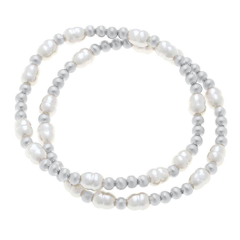 Morgan Ball Bead & Pearl Stretch Bracelets (Set of 2): Satin Silver