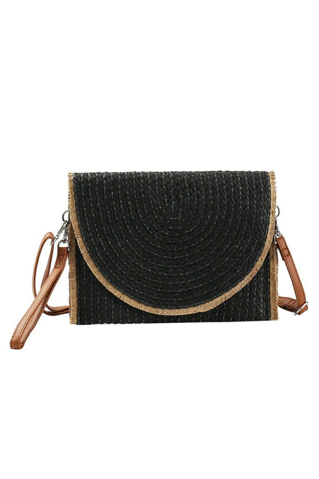 Frayed Trim Straw Crossbody/Clutch: Olive