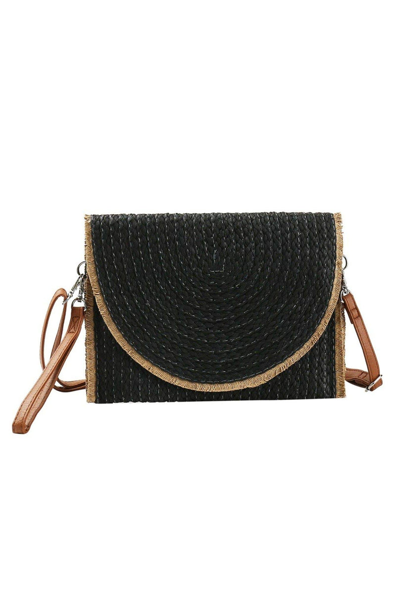 Frayed Trim Straw Crossbody/Clutch: Black