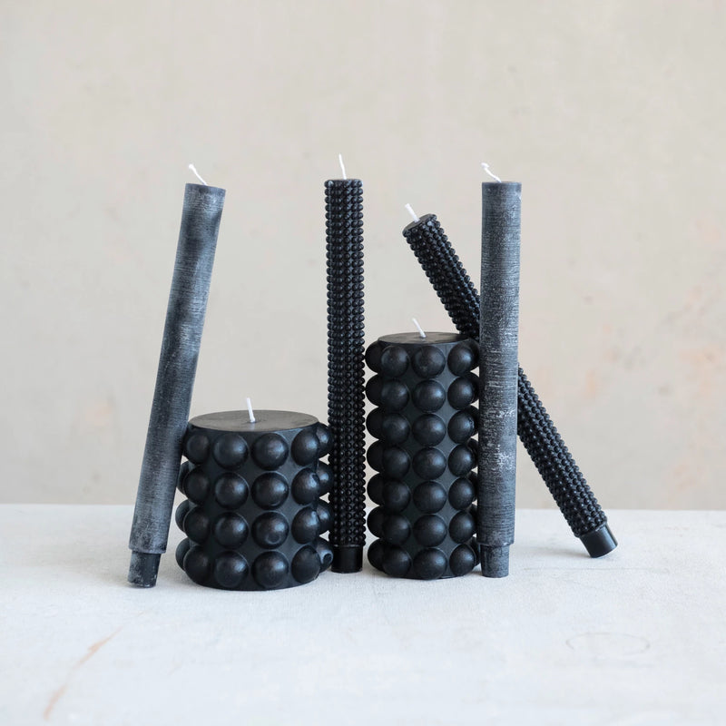 Black Hobnail Taper Candles in Box, Set of 2