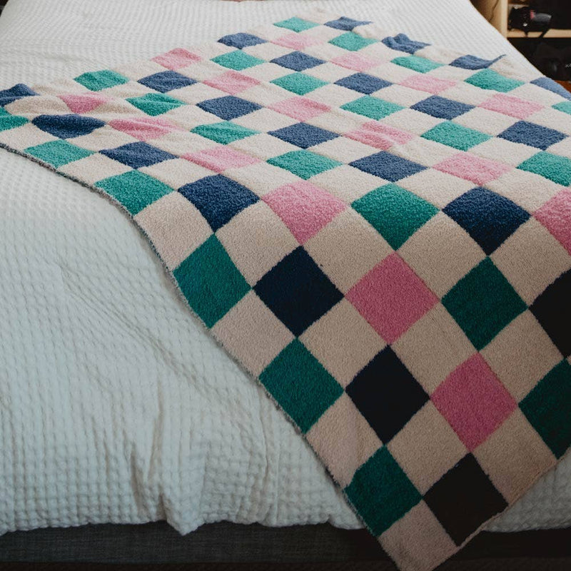 Multicolor Checkered Oversized Throw Blanket: Teal