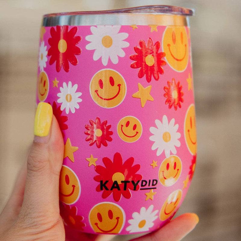 Red Flower Happy Face 12 Oz WINE TUMBLER With Lid: Hot Pink