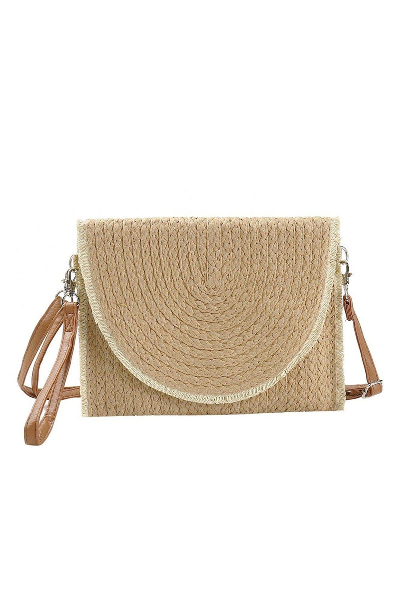 Frayed Trim Straw Crossbody/Clutch: Black