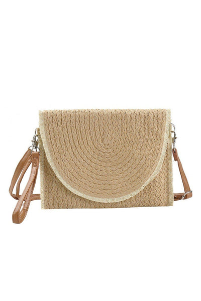 Frayed Trim Straw Crossbody/Clutch: Olive