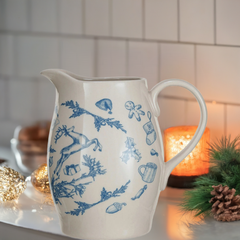 1 Quart Stoneware Pitcher w/ Holiday Pattern