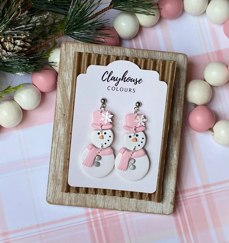 Pink Snowman Clay Earrings