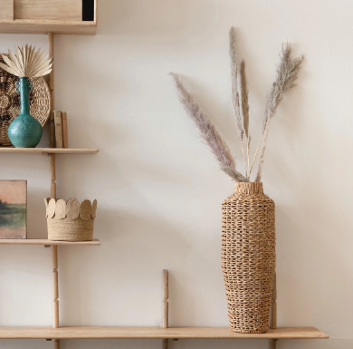 Hand-Woven Water Hyacinth and Rattan Floor Vase